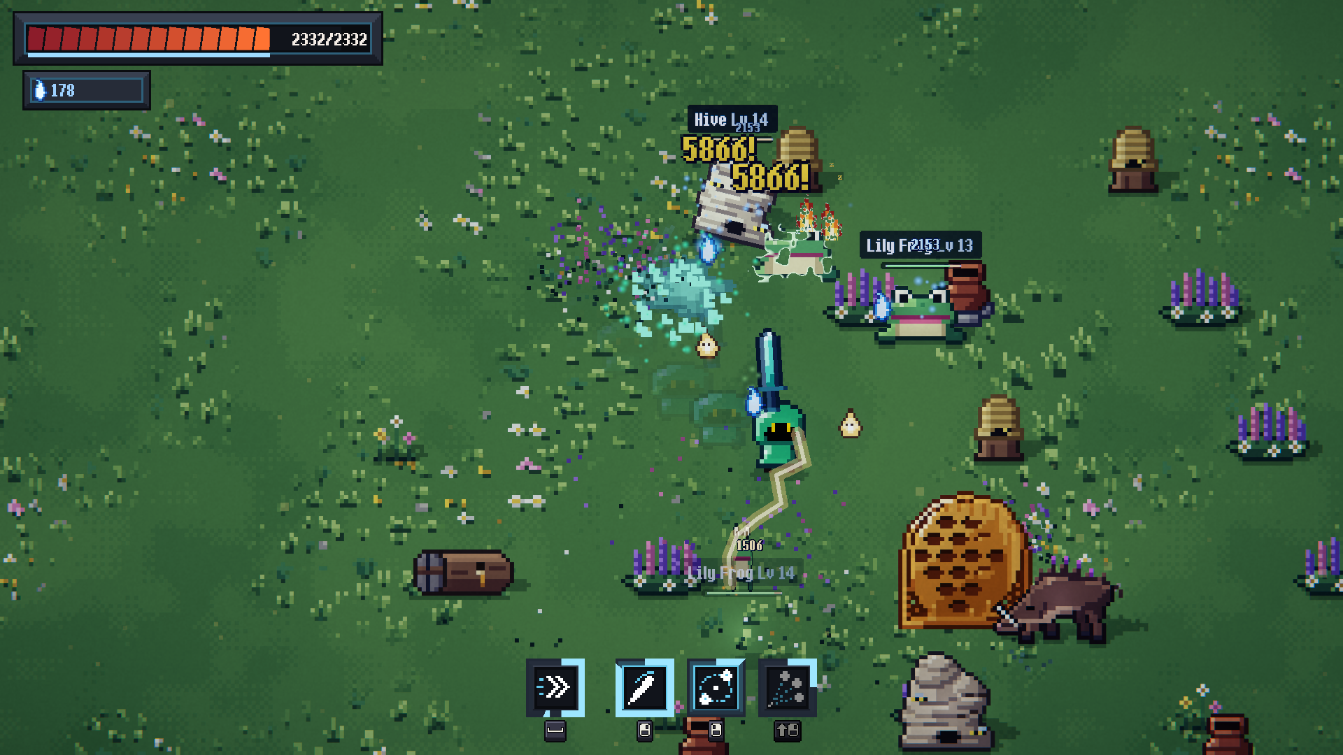 Gacha Dungeon gameplay: the hero fights a hive and lily frogs in a meadow
