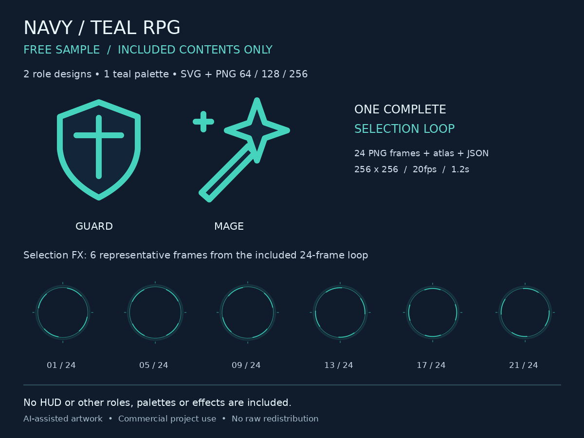Free navy-and-teal RPG UI sample: 2 role icons + a 24-frame selection ...