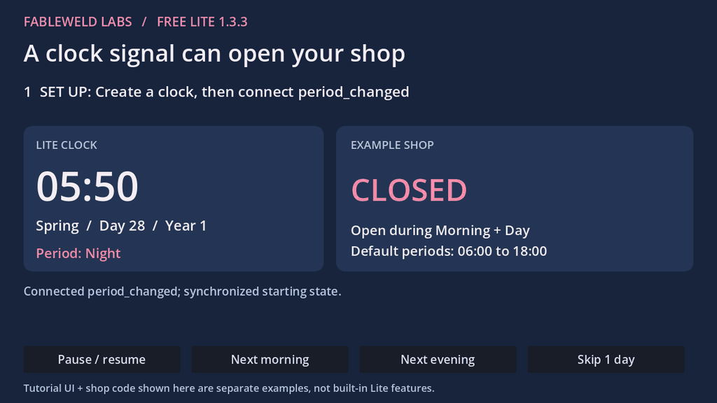 Watch. Shop Text Example Tutorial: open a shop with Godot clock signals - Time & Seasons — Free ...