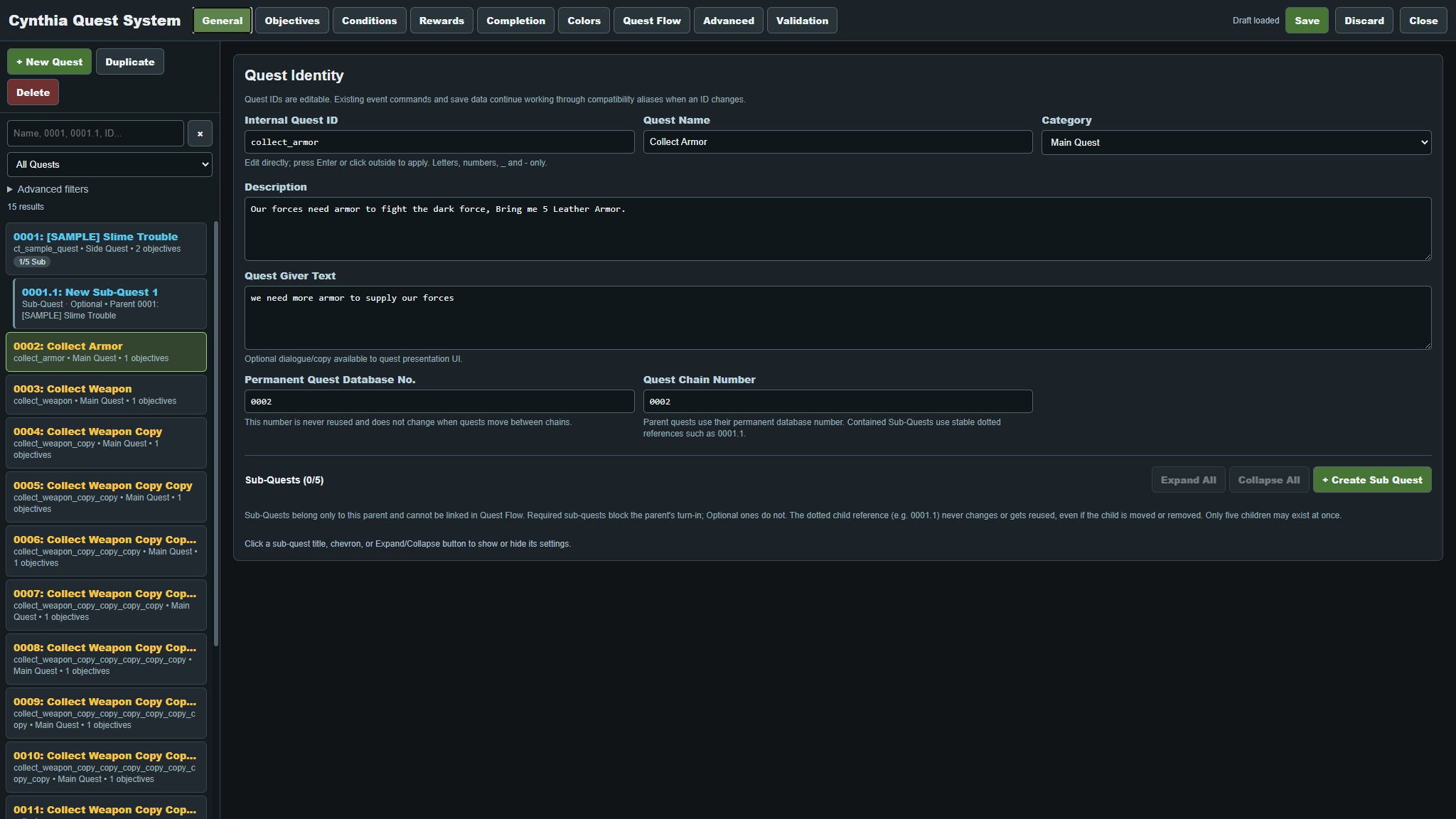 CT Quest System dark visual editor displaying quest configuration panels and controls