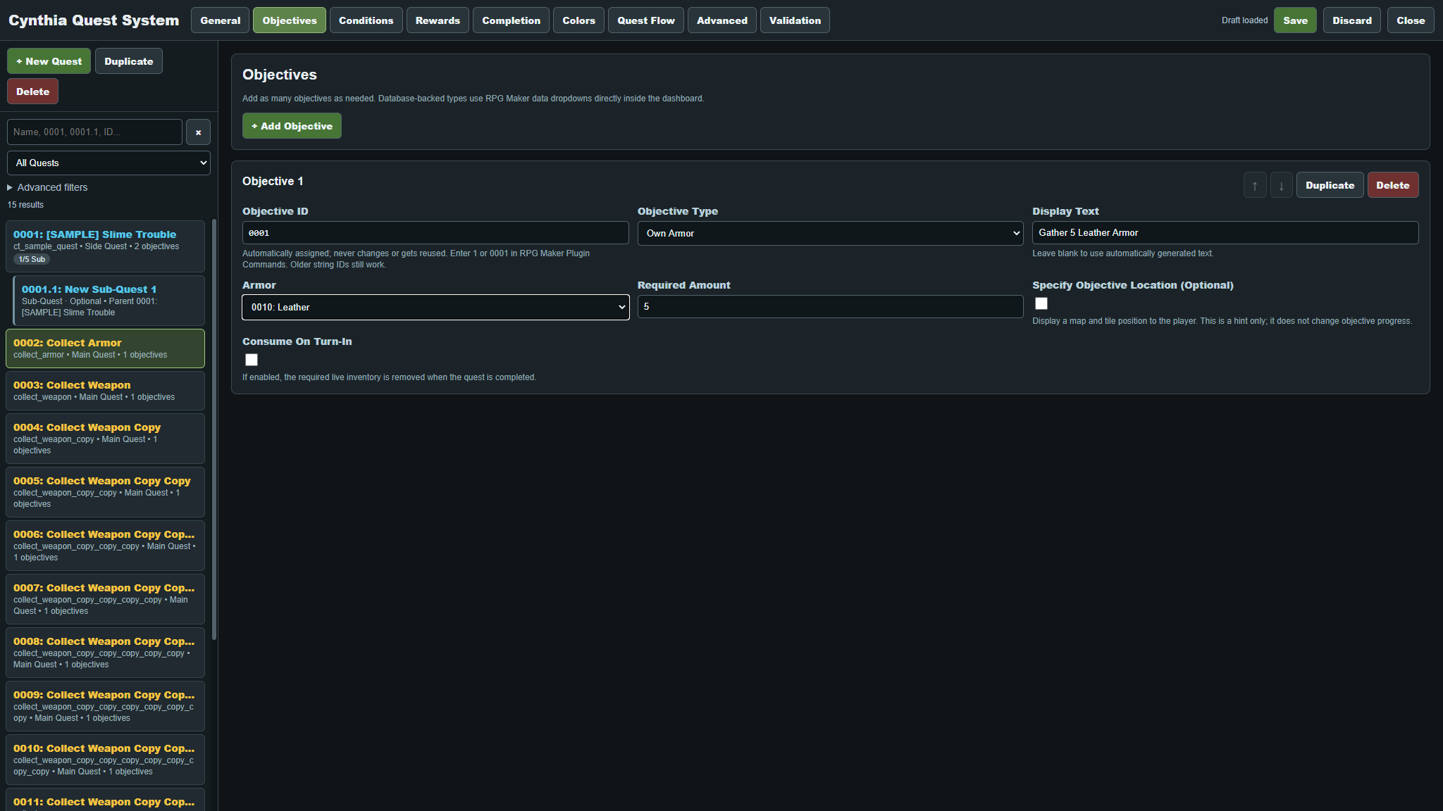CT Quest System visual editor with quest objective configuration fields on a dark interface