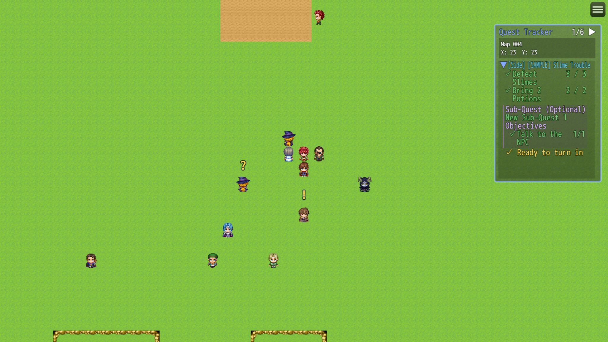 RPG Maker MZ gameplay map with characters and a quest progress tracker visible on the side