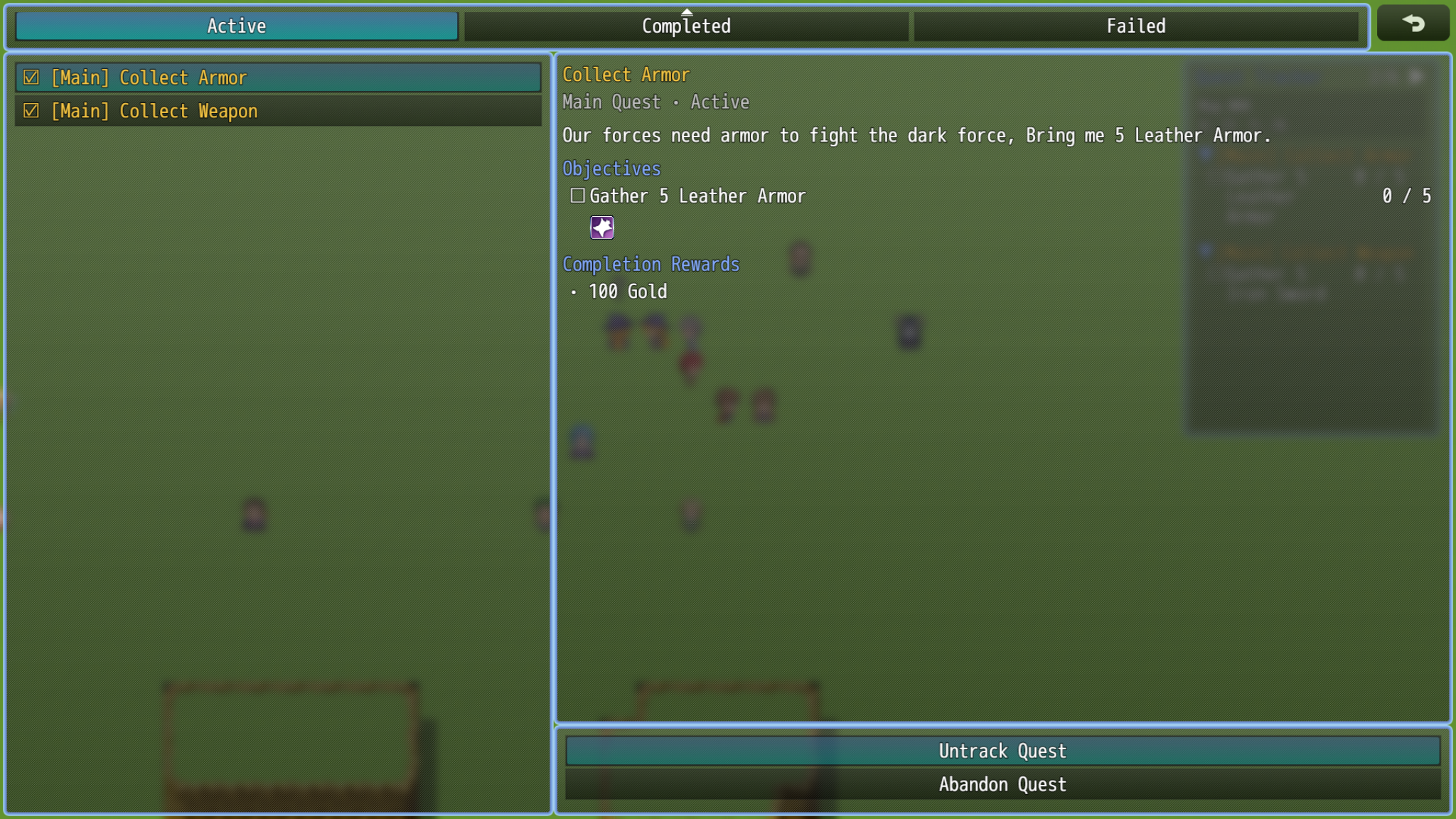 Quest details panel open over the RPG Maker MZ gameplay map