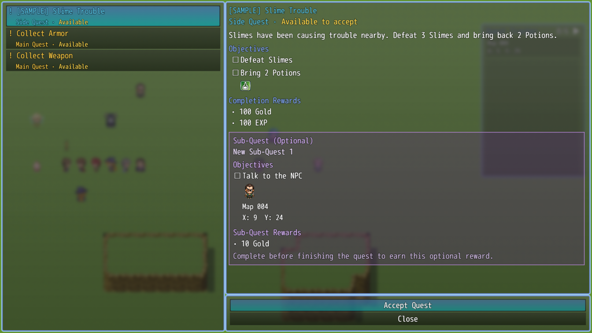 Quest menu open over an RPG Maker MZ map, showing a list of quests and details