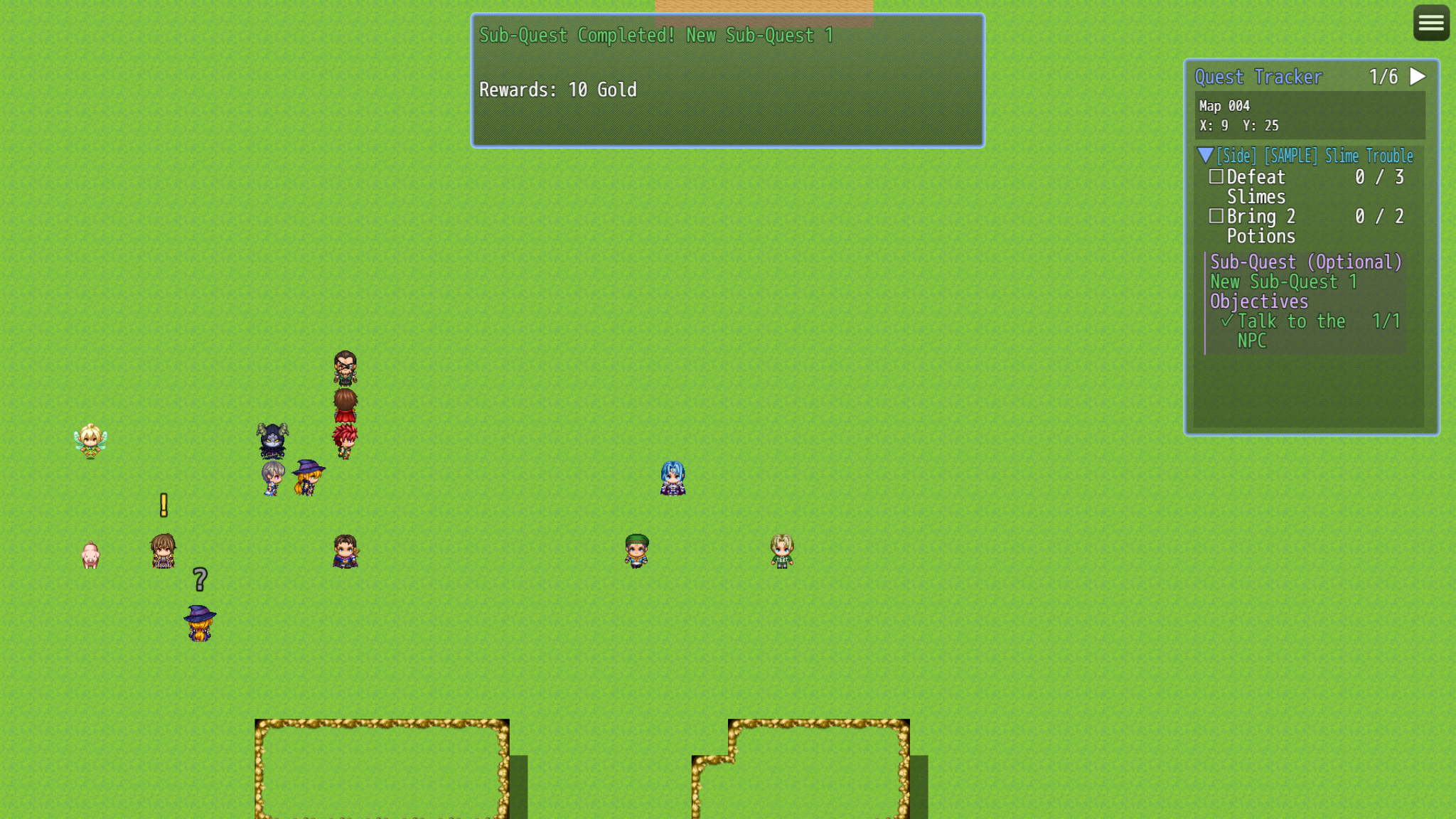 RPG Maker MZ outdoor map with a quest tracker showing objectives and progress