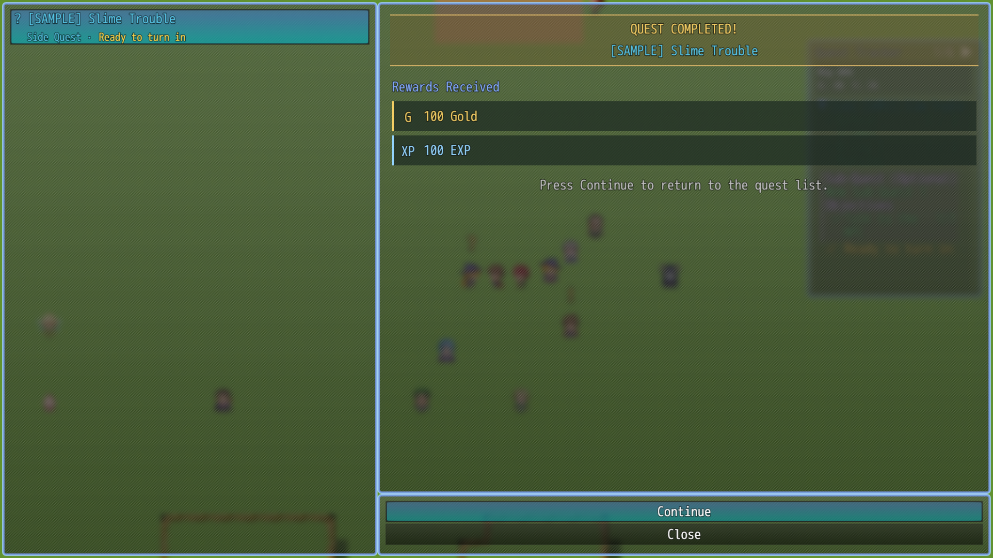 RPG Maker MZ quest journal window displayed over the game map with quest information