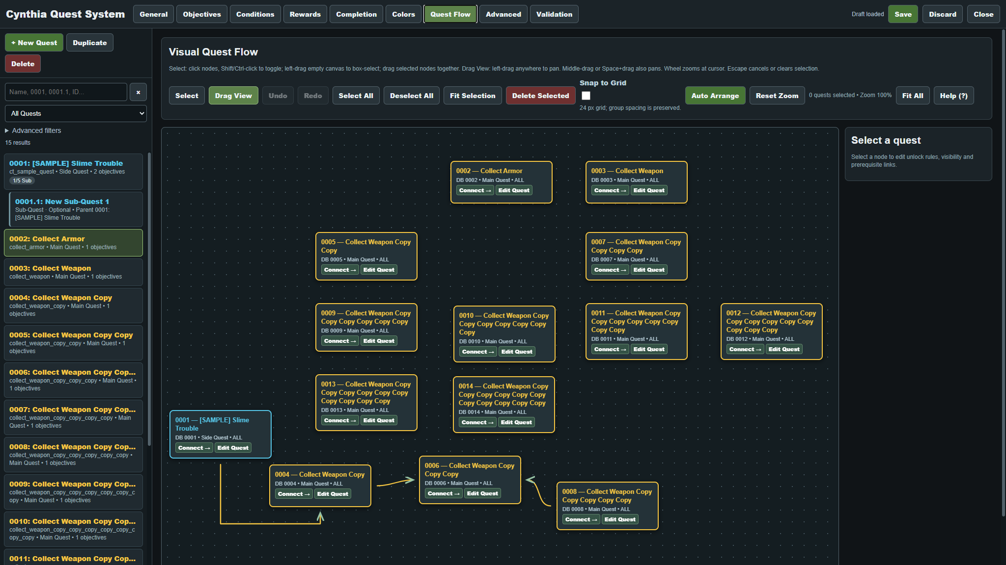 CT Quest System visual quest flow editor showing multiple quest nodes in a dark workspace