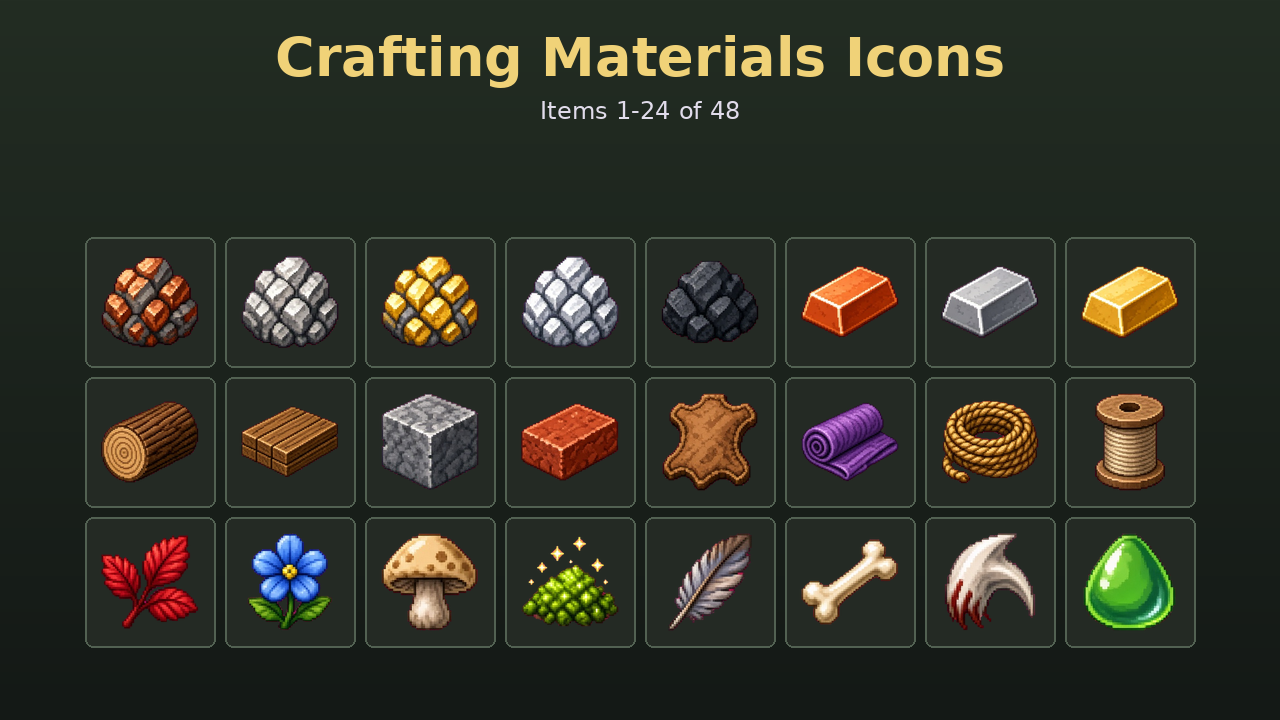 Role Play Icon Transparent Crafting Materials Pixel Icons: 48 ores, ingots, herbs and drops by ...