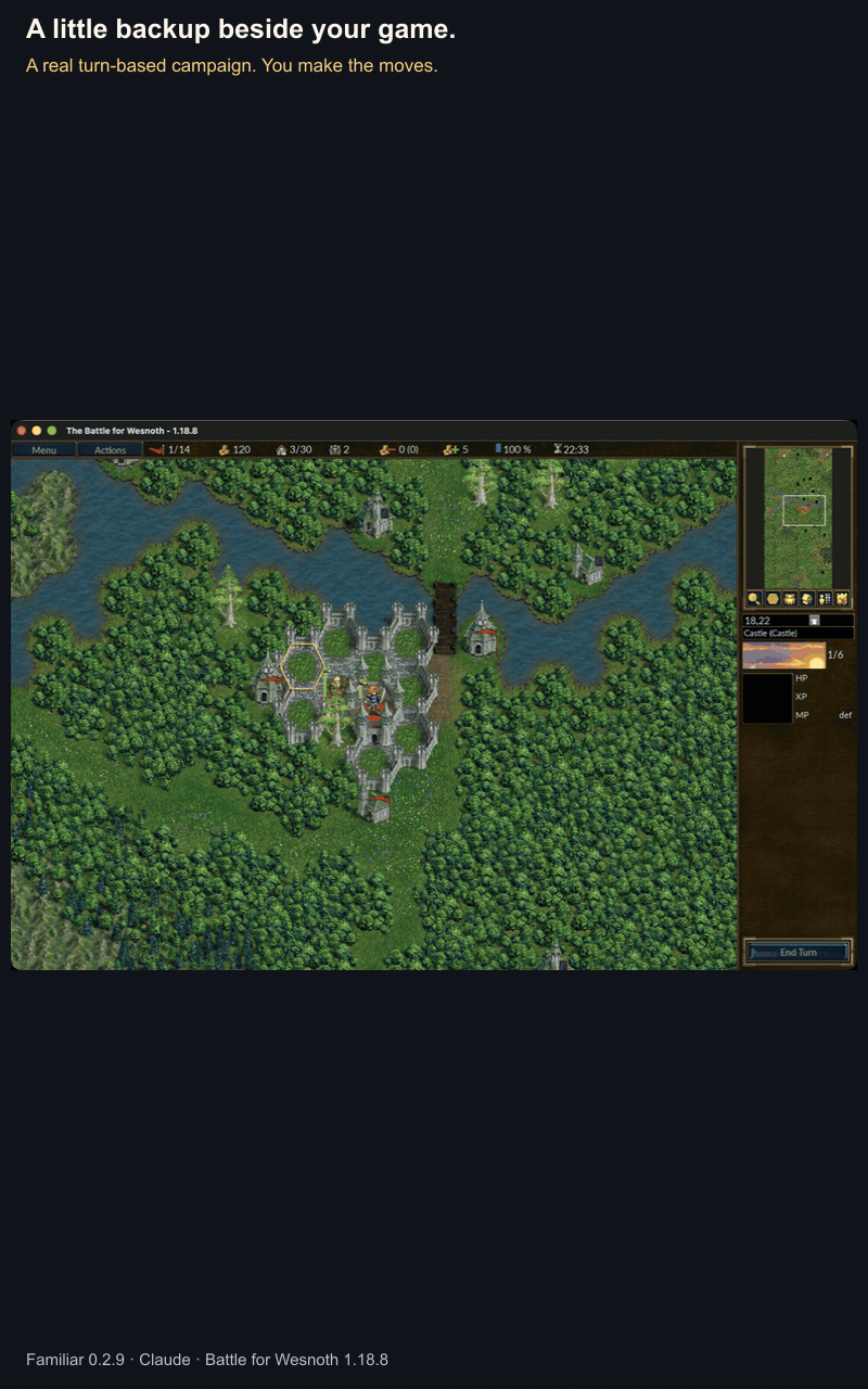Familiar 0.2.9: a real Claude reply explains the Archer's 5-by-4 bow attack in Battle for Wesnoth and circles the stat on the screenshot.