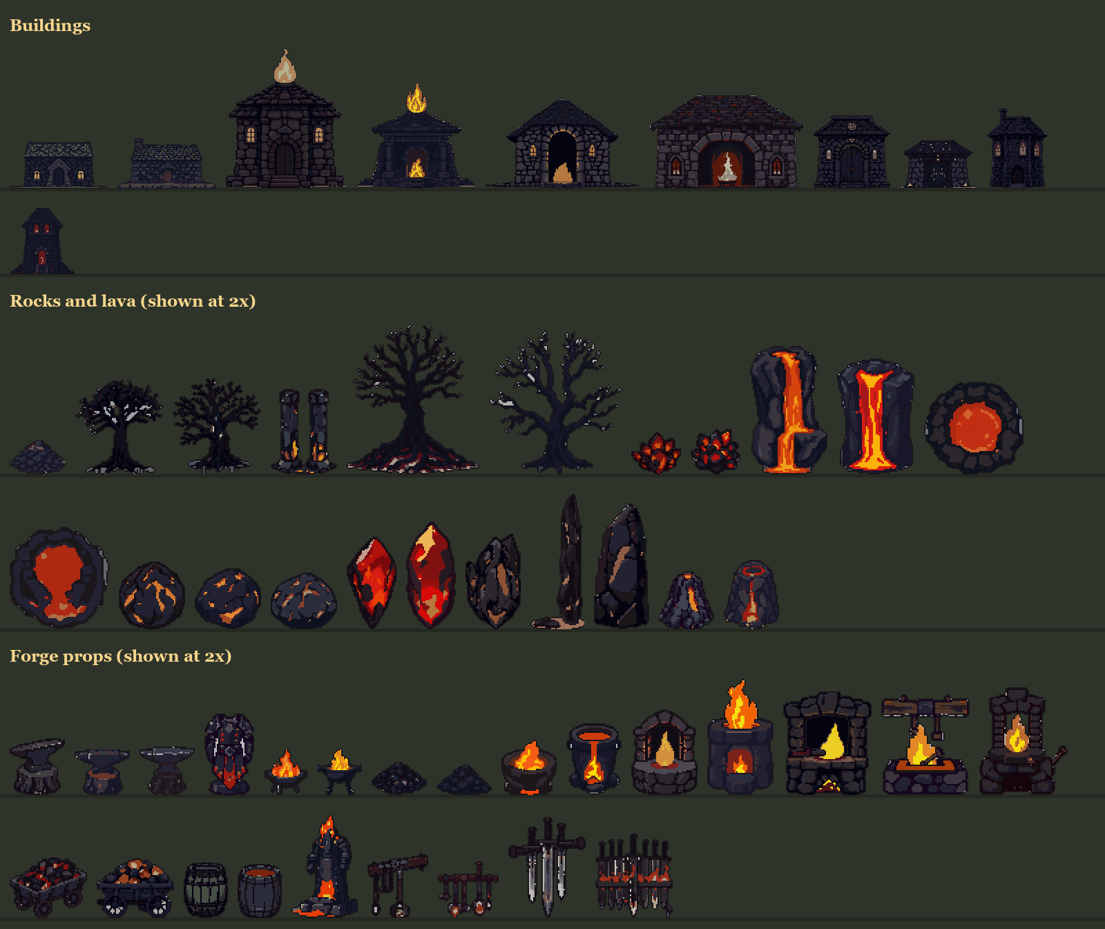 Volcanic Forge - Pixel Art Asset Pack (with animations) by frodigefrodo
