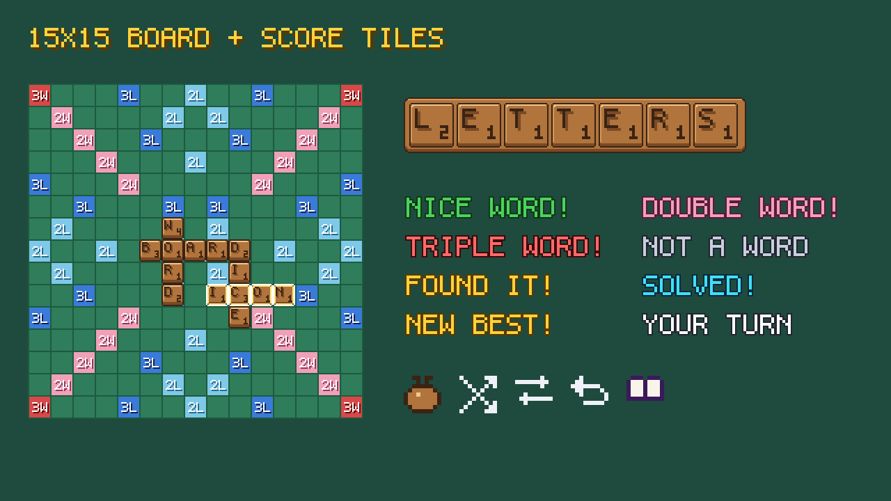 Tile Letter Inlay Word Board Pixel UI Kit: letter tiles with points, crossword and word ...