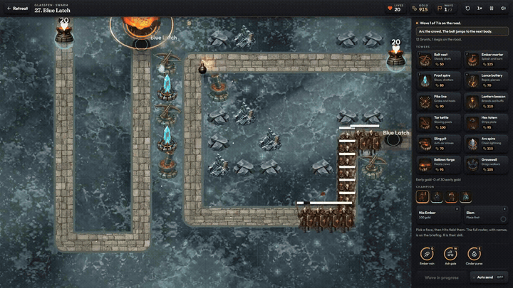 Actual Cinderline battlefield gameplay with tower crews and advancing enemies