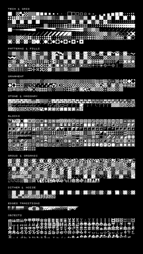 Grid of black and white pixel art tiles organized by category, including patterns, blocks, objects, and textures.