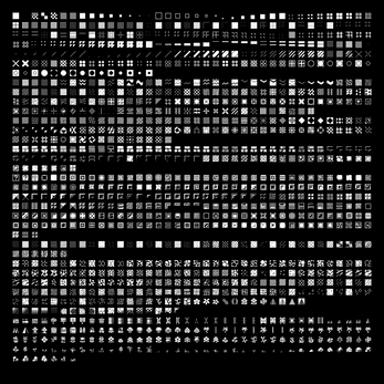 Grid of small white pixel art icons and patterns on a black background, arranged in rows and columns.
