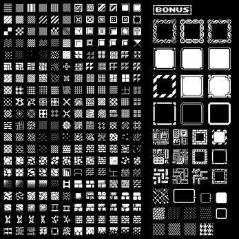 Grid of black and white pixel art patterns and borders, with a section labeled BONUS showing decorative frames.