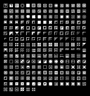 Grid of over 150 small, monochrome square icons with various geometric patterns and border designs on a black background.