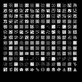 Grid of 16x16 black and white square icons with abstract patterns, lines, and shapes in each cell.