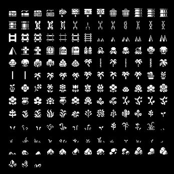 Grid of small white pixel art icons on black, including fences, gates, gravestones, trees, flowers, and plants.