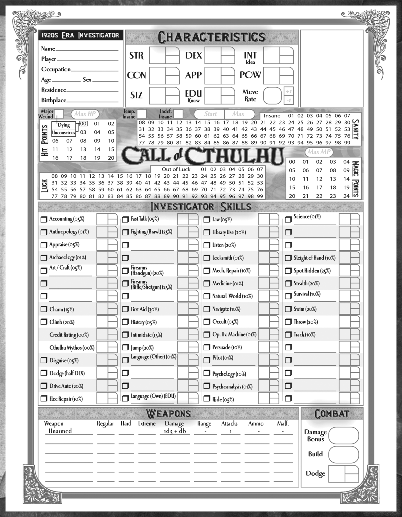 call of cthulhu character sheet generator