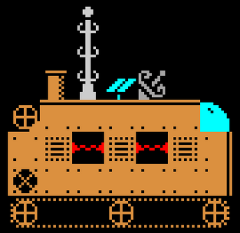 Pixel art of a brown tracked vehicle with antennas, vents, and a blue cockpit window