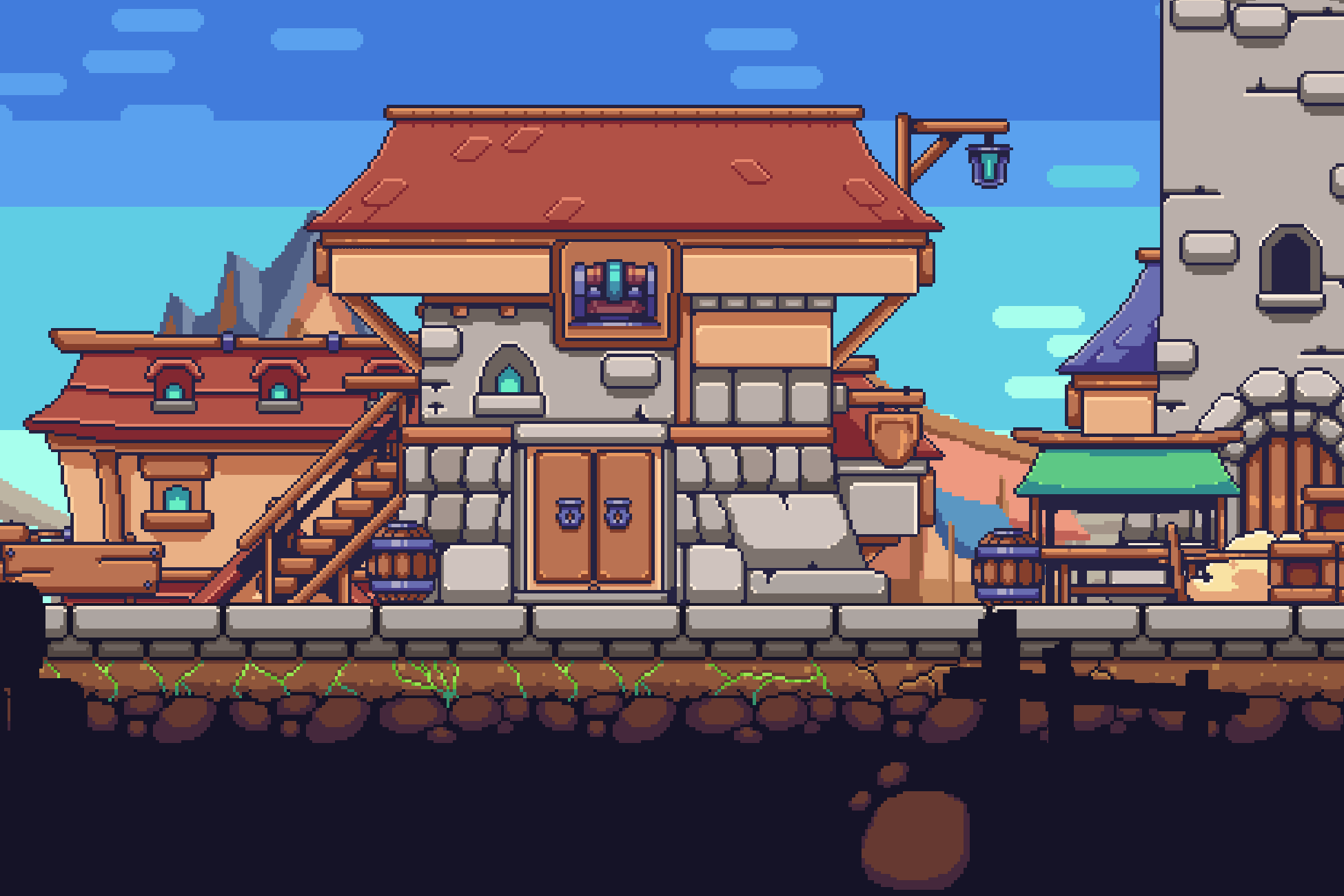 What is the title of this picture ? Village Pixel Art Environment by BlackSpire Studio