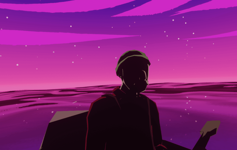 Un gif animé représentant, tour à tour, deux hommes chacun sur leur bateau, flottant sur un océan calme sous un ciel nocturne aux teintes violettes.