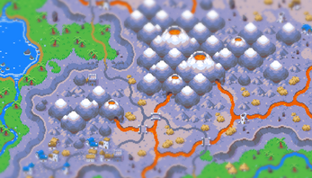 Pixel art map with volcanoes, lava flows, green forests, blue lakes, and small settlements