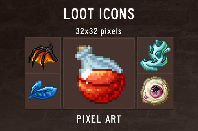 48 Loot Icons Pixel Art by Free Game Assets (GUI, Sprite, Tilesets)