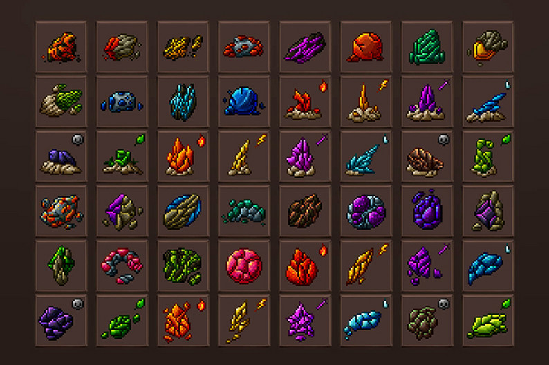 48 RPG Gems Icons Pixel Art by Free Game Assets (GUI, Sprite, Tilesets)