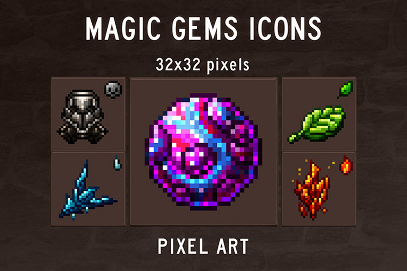 Magic Gems Icons Pixel Art Pack by Free Game Assets (GUI, Sprite, Tilesets)