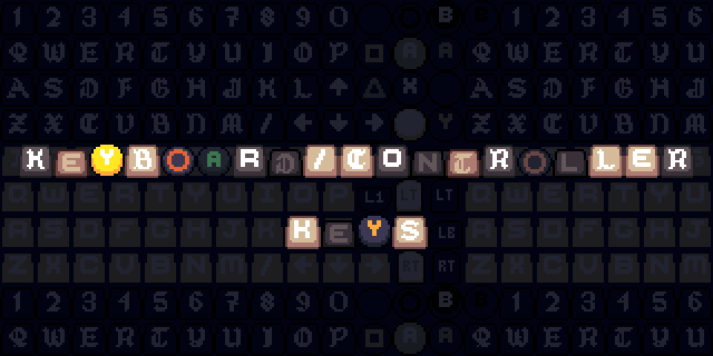 Pixel art image with the words 'Keyboard / Controller Keys' spelled out using stylized keycaps.