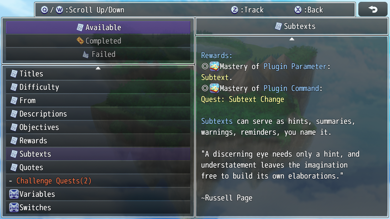 Quest Journal System plugin for RPG Maker MZ by VisuStellaMZ