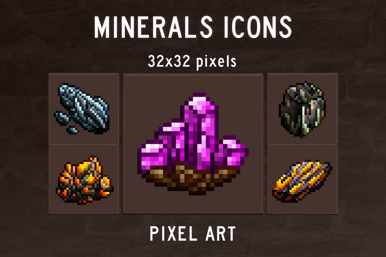 48 Free Minerals Pixel Art Icons Pack by Free Game Assets (GUI, Sprite ...