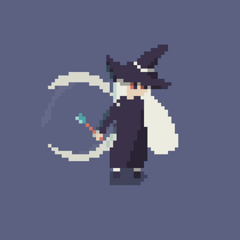 Pixel art witch in a dark robe and hat casting a spell with a staff, white magic arc behind her.