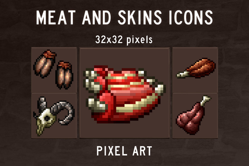 48 Meat and Skins Pixel Art Icons by Free Game Assets (GUI, Sprite ...