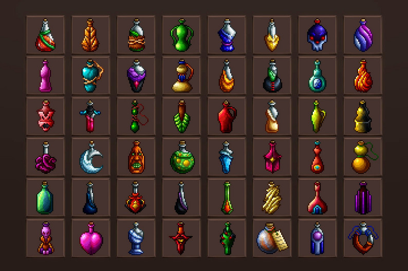 48 Potion Icons Pixel Art by Free Game Assets (GUI, Sprite, Tilesets)