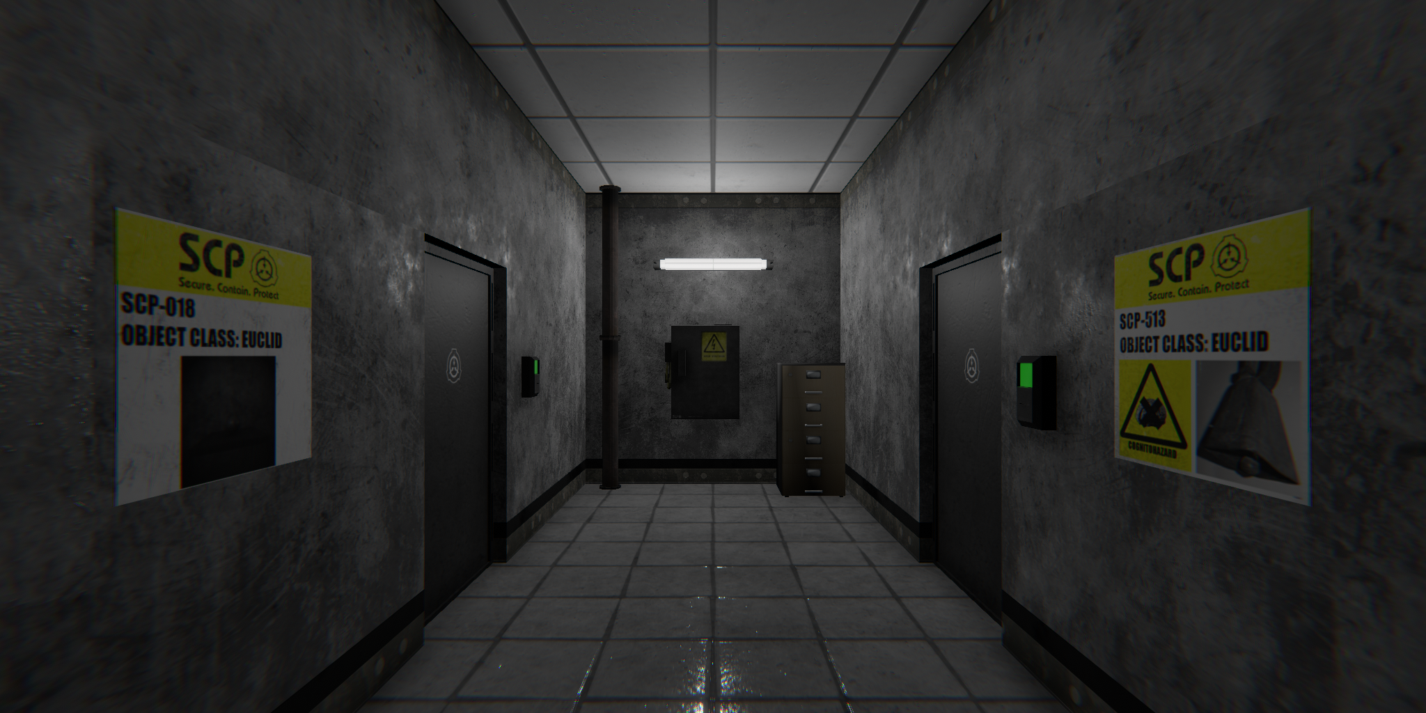 horror facility hald - lit corridor, scp containment