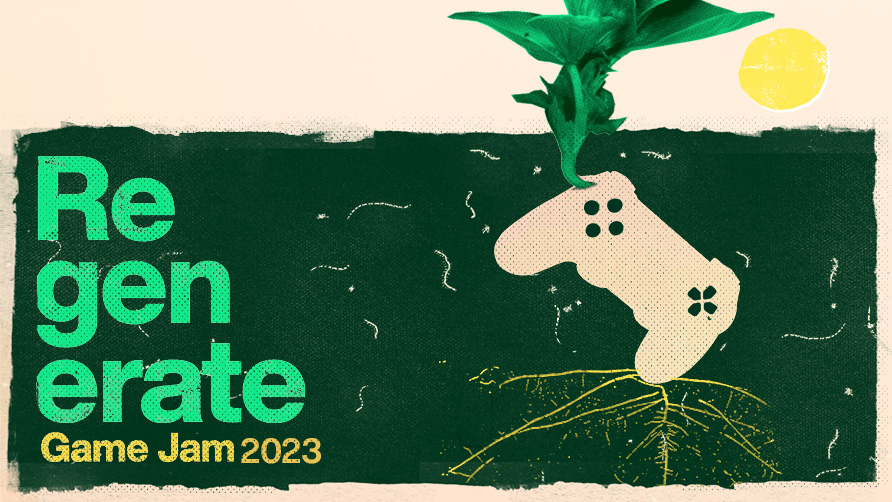 Green background with a white controller and plants with the text 'Regenerate Game Jam 2023'