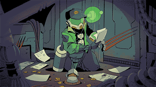 Animated GIF. An explorer in a space suit examines scattered paperwork in a the ruins of a futuristic chamber.