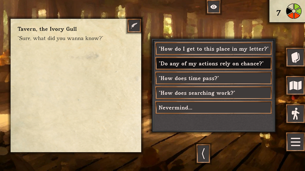 Screenshot of the tavernkeeper’s new tutorial questions: How do I get to this place in my letter? Do any of my actions rely on chance? How does time pass? and How does searching work?