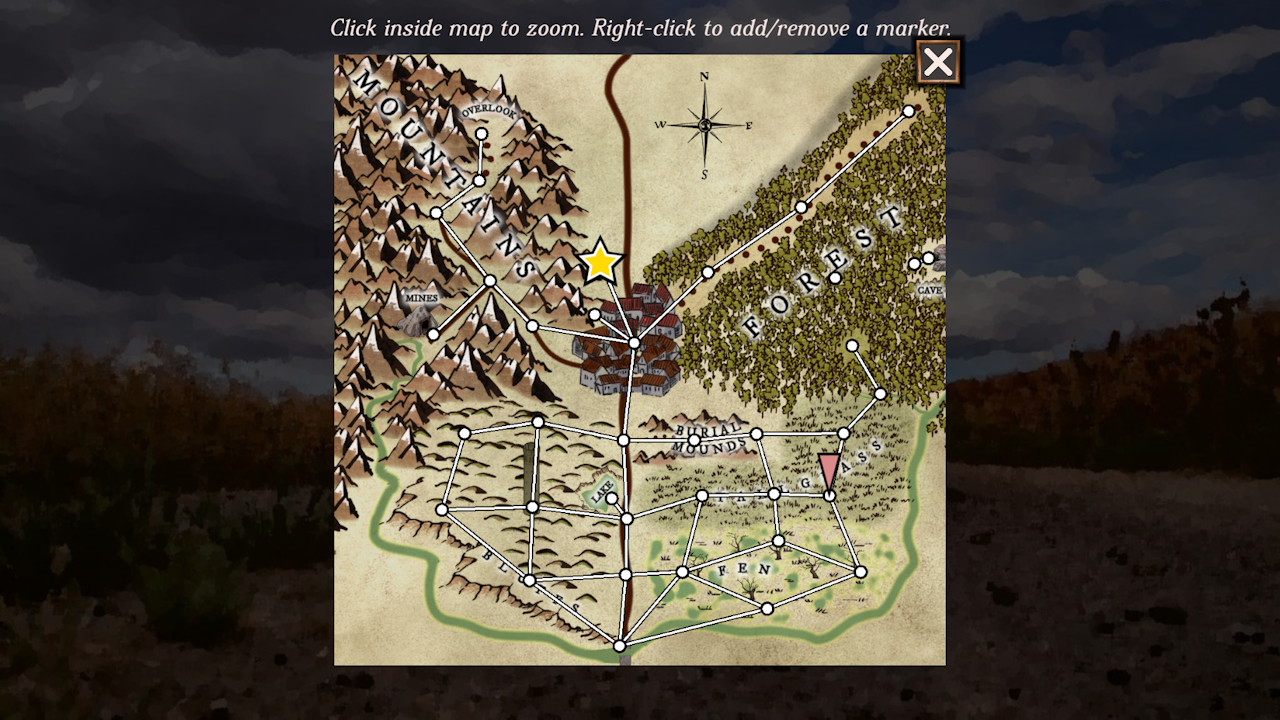 Screenshot of the overworld map with region labels such as Mountains, Forest, Fen, and Burial Mounds; the node map overlay turned on that shows each location as a dot with lines connecting locations you can move between; the Magic Map active which shows the locations of characters such as the Bandits, Hermit, Joshua, Fenton, Diana, and Lord Phillip; and a marker placed in the tallgrass where the river meets the fen.