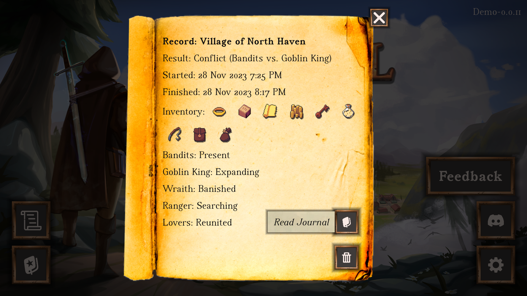 Screenshot of an adventure Record. It says: Record: Village of North Haven, Result: Conflict (Bandits vs. Goblin King), a start and finish time, a list of items in the inventory, Bandits: Present, Goblin King: Expanding, Wraith: Banished, Ranger: Searching, Lovers: Reunited. There’s a button that says Read Journal and a button below it with a trash can icon.