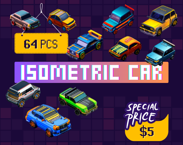 2.5D Isometric Car Pack - 64 PCS Pixel Art Cars