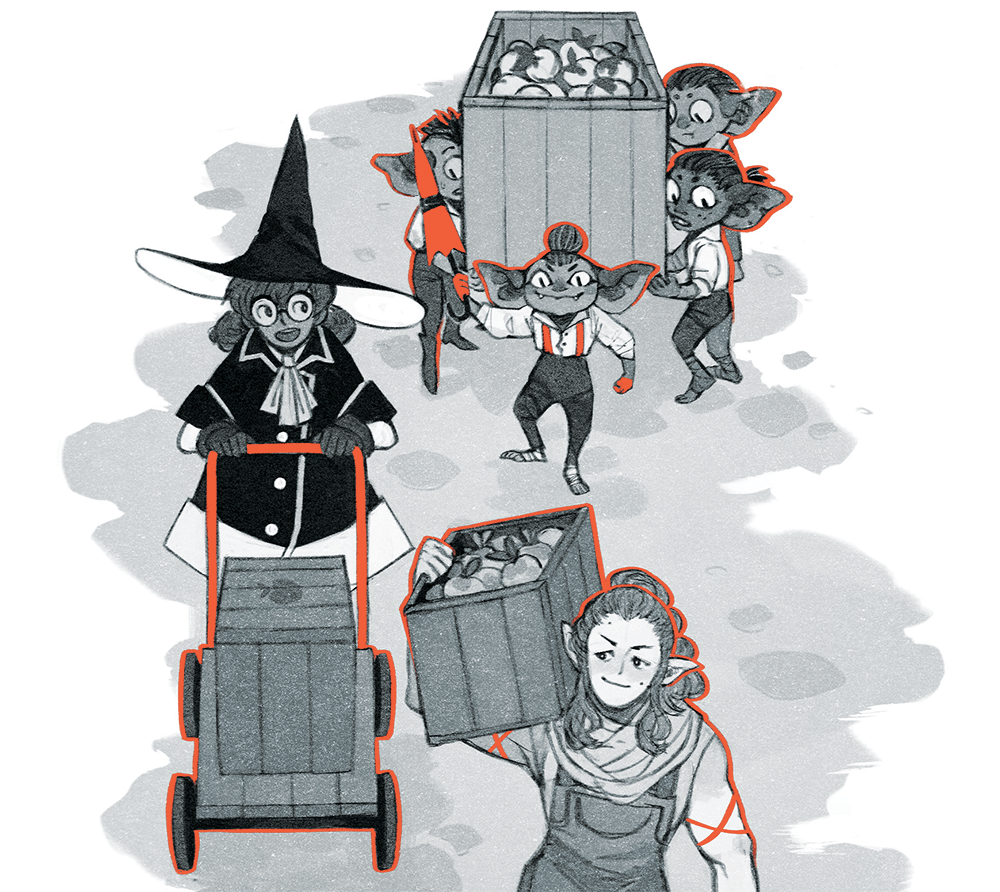 Illustration of a group of adventurers carrying crates down a cobbled street. One uses brute strength, another uses a cart, and a group works together.