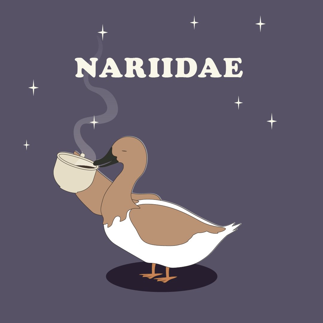 Our designer Nariidae as a brown and white duck drinking coffee.