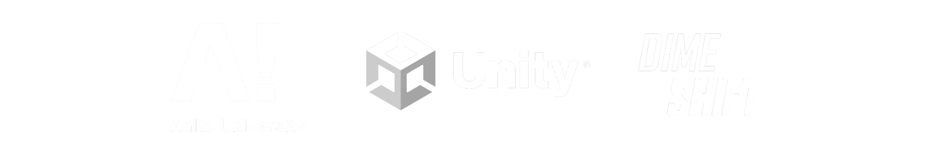 Logo of Aalto University, Unity and Dime Shift