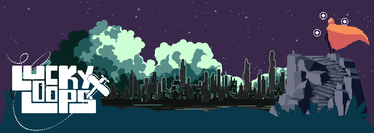Lucky Loops Pixel art city skyline at night with a caped figure on stone steps and stylized 'Lucky Loops' text with a plane.