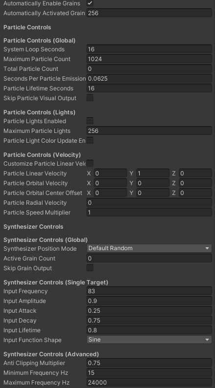 Synulator parameters, screenshot of the Unity Editor options that can be modified so far