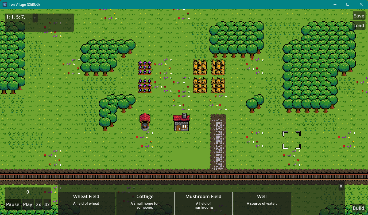 A screenshot of Iron Village, with a small cottage, a well, and some farm plots.