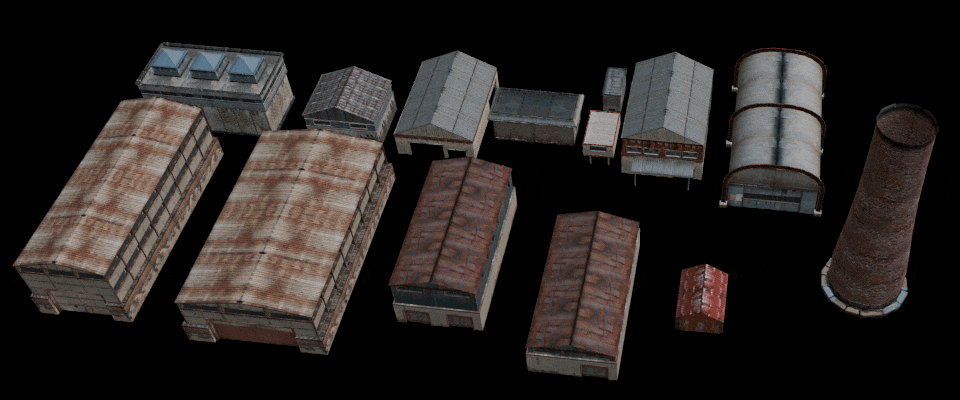 Animated 3D models of industrial buildings and a smokestack arranged in rows on a black background.